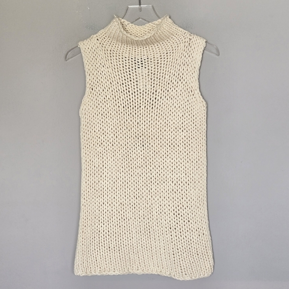 NWT The Limited Chunky Hand Knit 100% Cotton Sleeveless Cream Mock Neck Sweater - Picture 1 of 7